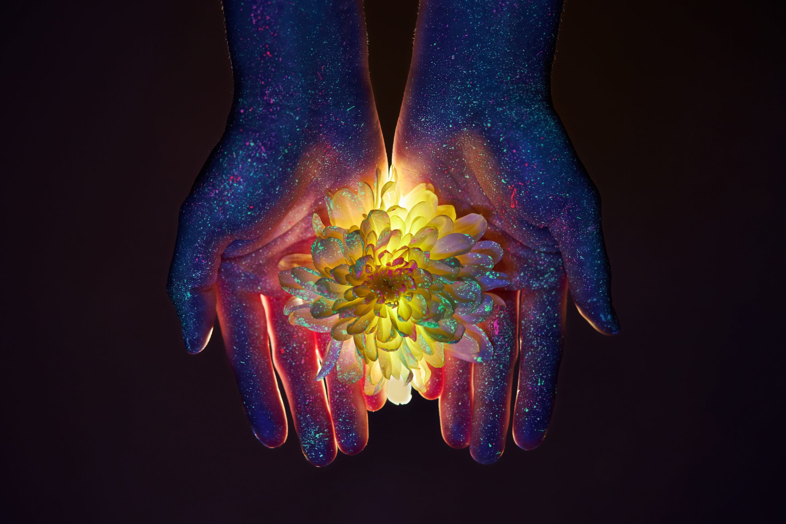 Beauty hands of a woman in ultraviolet light with flowers in the palms. Cosmetics for hand skin care